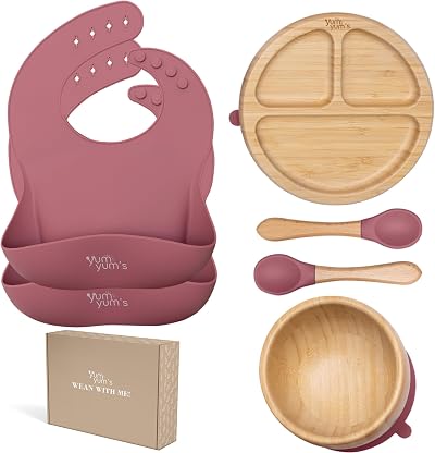 Yum Yum's Set of 6 Baby Weaning Plates Bowls Spoons Bamboo Suction Bibs Blush