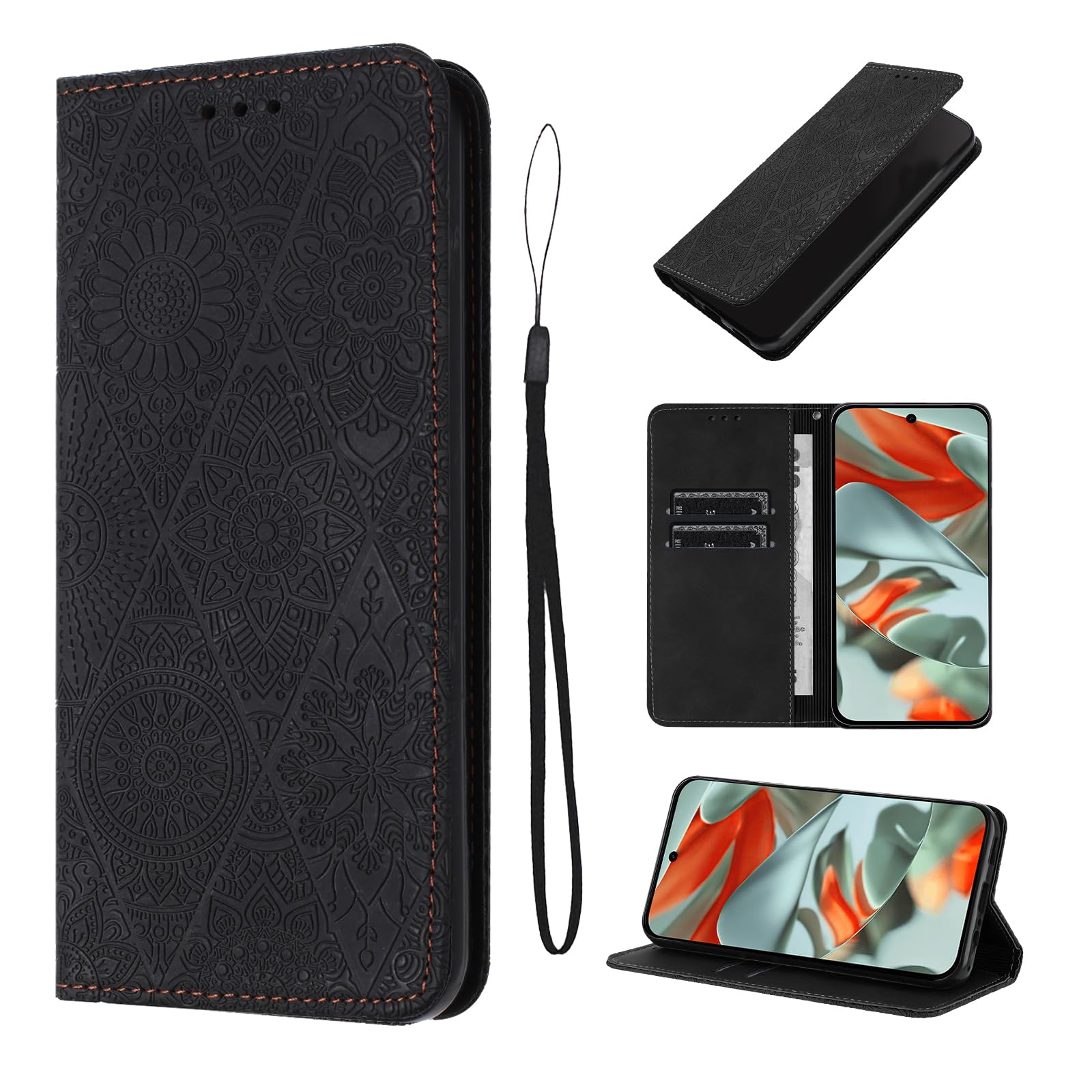 LSPCASA Phone Case For Google Pixel 9 Pro XL 6.73 inch Artificial Leather Google Pixel 9 Pro XL Case With Card Slot Flowers Pattern Kickstand Cover Black