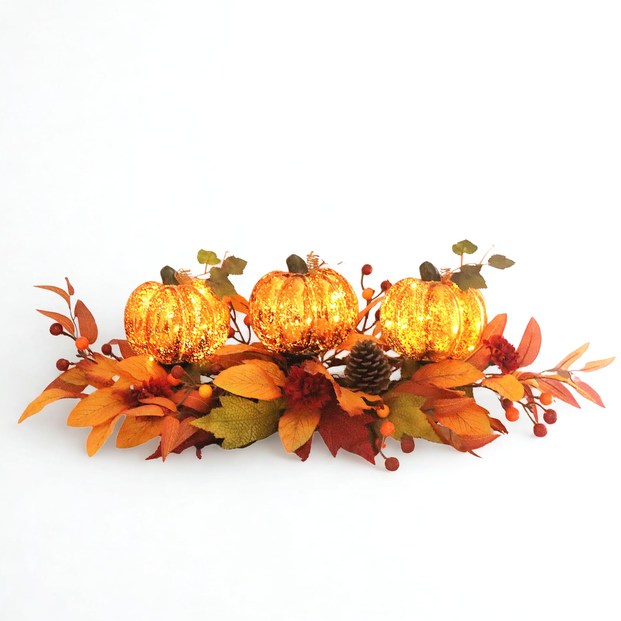Photo 1 of LED Lighted Pumpkin Fall Centerpiece with Maple Leaves, Berries & Pinecones - Battery Operated Thanksgiving Table Decor for Home, Mantel, or Dining