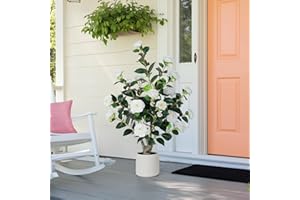 YEPDIN 39 inch White Fake Camellia Tree with White Planter - 3.2 Ft Tall Artificial Tree,Large Faux Plants Indoor Outdoor,Housewarming Gift