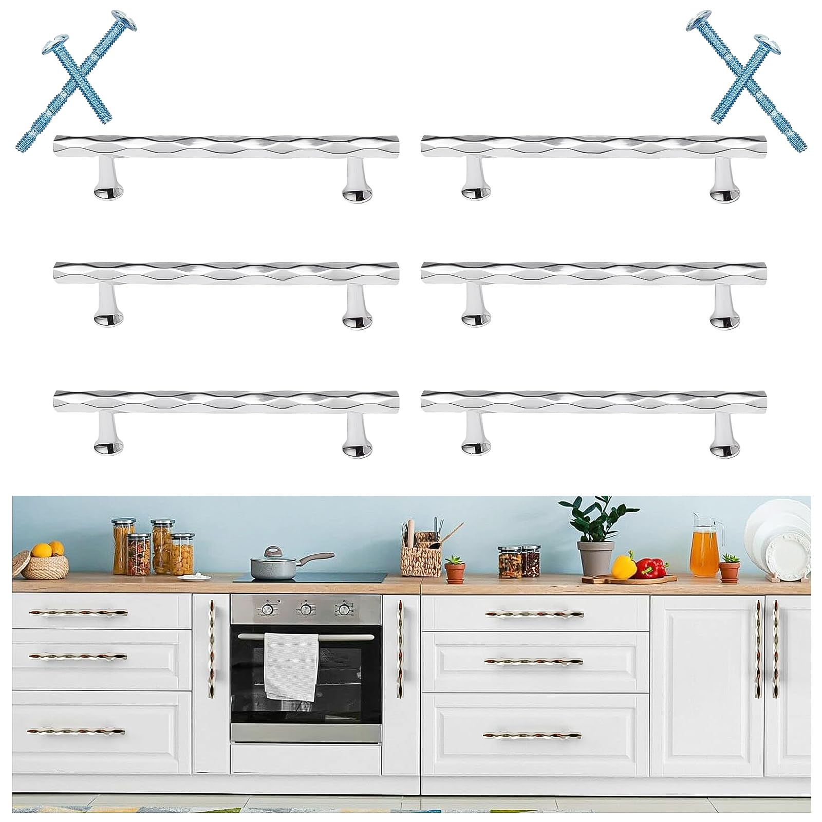 6 Pack Cupboard Handles Silver, Kitchen Door Handle 128mm Hole Centres, Modern Drawer Handles & Pulls Bedroom Wardrobe Knobs Zinc Alloy T Bar Handles for Bathroom Dresser Cabinet Furniture Decorative