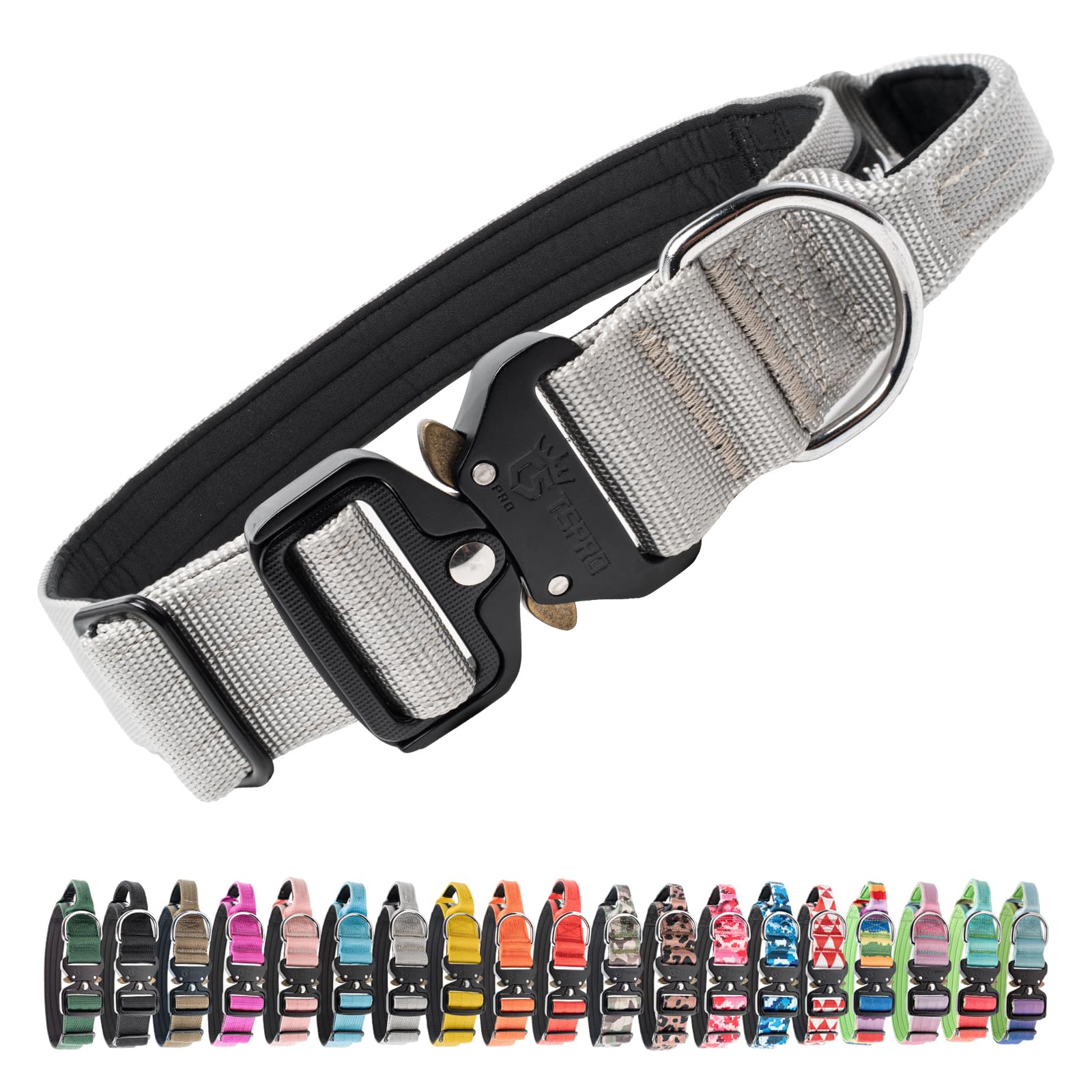 TSPRO Tactical Premium Dog Collar with Handle & Heavy Duty Quick Release Metal Buckle, Adjustable Thick Strong Collar for Medium Large Dogs (Silver, L)
