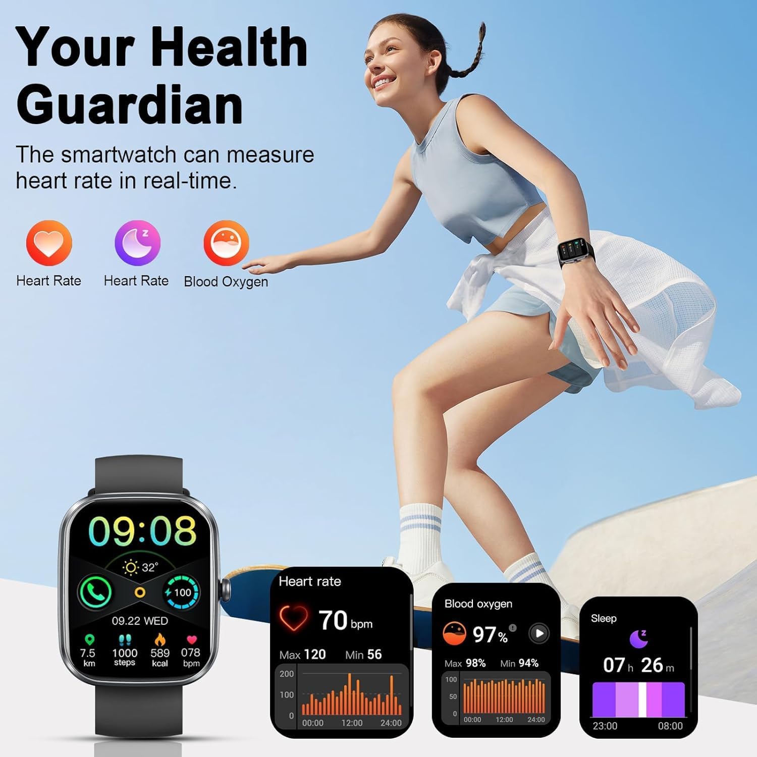 Smartwatch Herren Damen, 1.91'' Zoll HD Smart Watch mit Bluetooth Anrufe, Fitness Tracker Schrittzähler mit 110+ Sportmodi, Schlafmonitor SpO2 Herzfrequenz, IP68 Wasserdicht Fitnessuhr für Android iOS 7