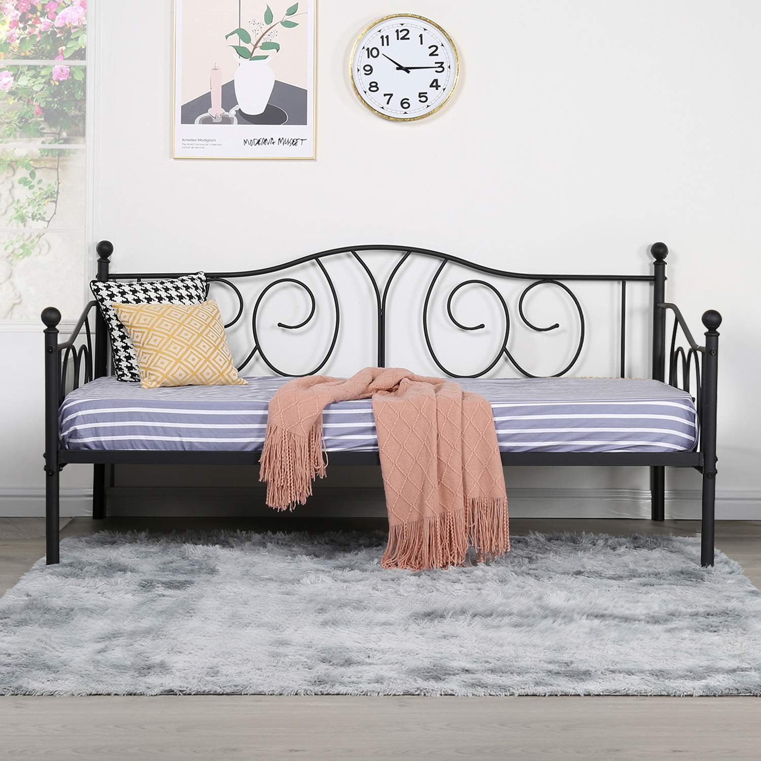 VECELO Metal Daybed Frame Multifunctional Platform Bed Sofa Mattress Foundation with Deluxe Headboard, Twin, Black