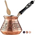 BCS 18 Oz X-Large Copper Turkish Greek Arabic Coffee Pot with Wooden Handle (6 servings) Cezve Ibrik Briki Stovetop Coffee Maker (Includes Wooden Spoon)