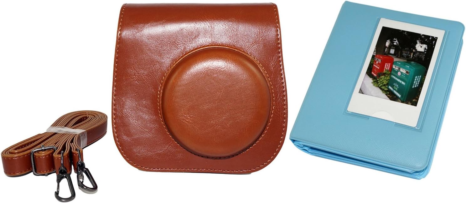 iDaily Essential Bundle For Fujifilm Fuji instax mini 8 Camera Retro Case (With Strap) Brown + 64 Pockets Polaroid Mini Films Book Photo Album Blue