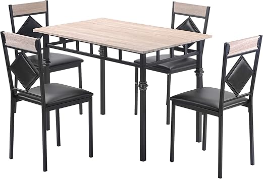 Amazon Com Knocbel Industrial Dining Table Set For 4 Kitchen Dining Room Set Commercial Grade Metal Frame With Faux Leather Cushioned Chairs Natural And Black Table Chair Sets