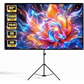 Projector Screen with Stand, TWjouko 80 Inch Indoor Projection Screen with Black Backing, Tripod Portable Projector Screen with Carrying Case, Wrinkle-Free, PVC Screen 16:9,4K HD