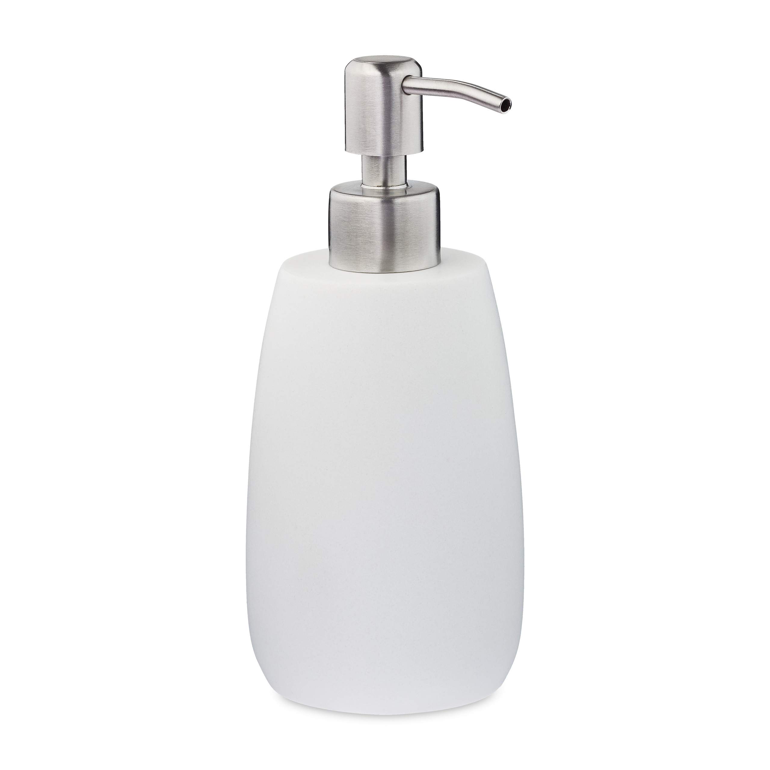 Relaxdays Soap Dispenser, Round, 300 ml, Refillable, Bathroom, for Liquids, Polyresin, Stainless Steel Pump, White