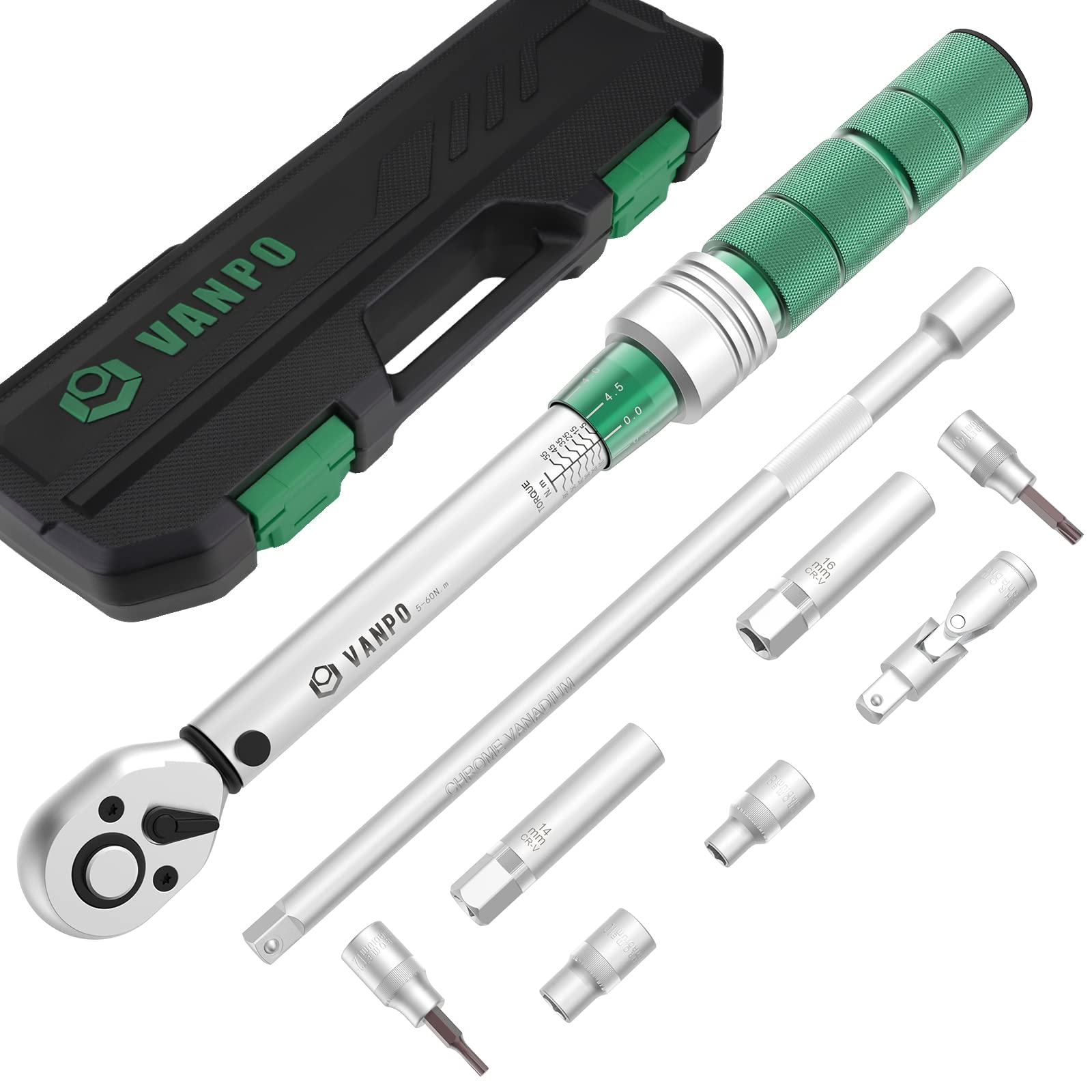 VANPO Torque Wrench 3/8 Inch, 5-60 Nm Bicycle & Motorcycle Set, ±3% Error Accuracy with 250 mm Extension Rod, Universal Joint, Magnetic Spark Plug Sleeve, Bits and Socket