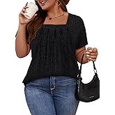 Tanst Sky Women's Plus Size Casual Tunic Tops Square Neck Short Sleeve Shirts Lightweight Pleated Blouses XL-5XL