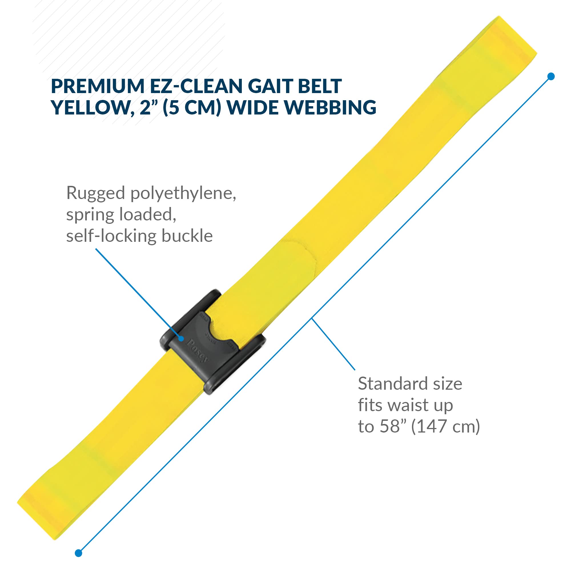 Posey 6546Y Premium EZ Clean Gait Belt With Spring-Loaded Buckle, Yellow, 60