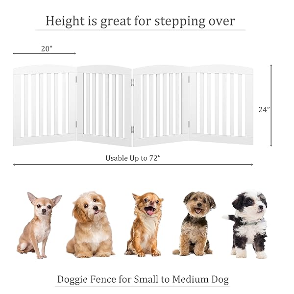 PAWLAND WOODEN FREESTANDING FOLDABLE PET GATE FOR DOGS, 24 INCH 4 PANELS STEP OVER FENCE, DOG GATE FOR THE HOUSE, DOORWAY, STAIRS, EXTRA WIDE (WHITE, 24″ HEIGHT-4 PANELS)