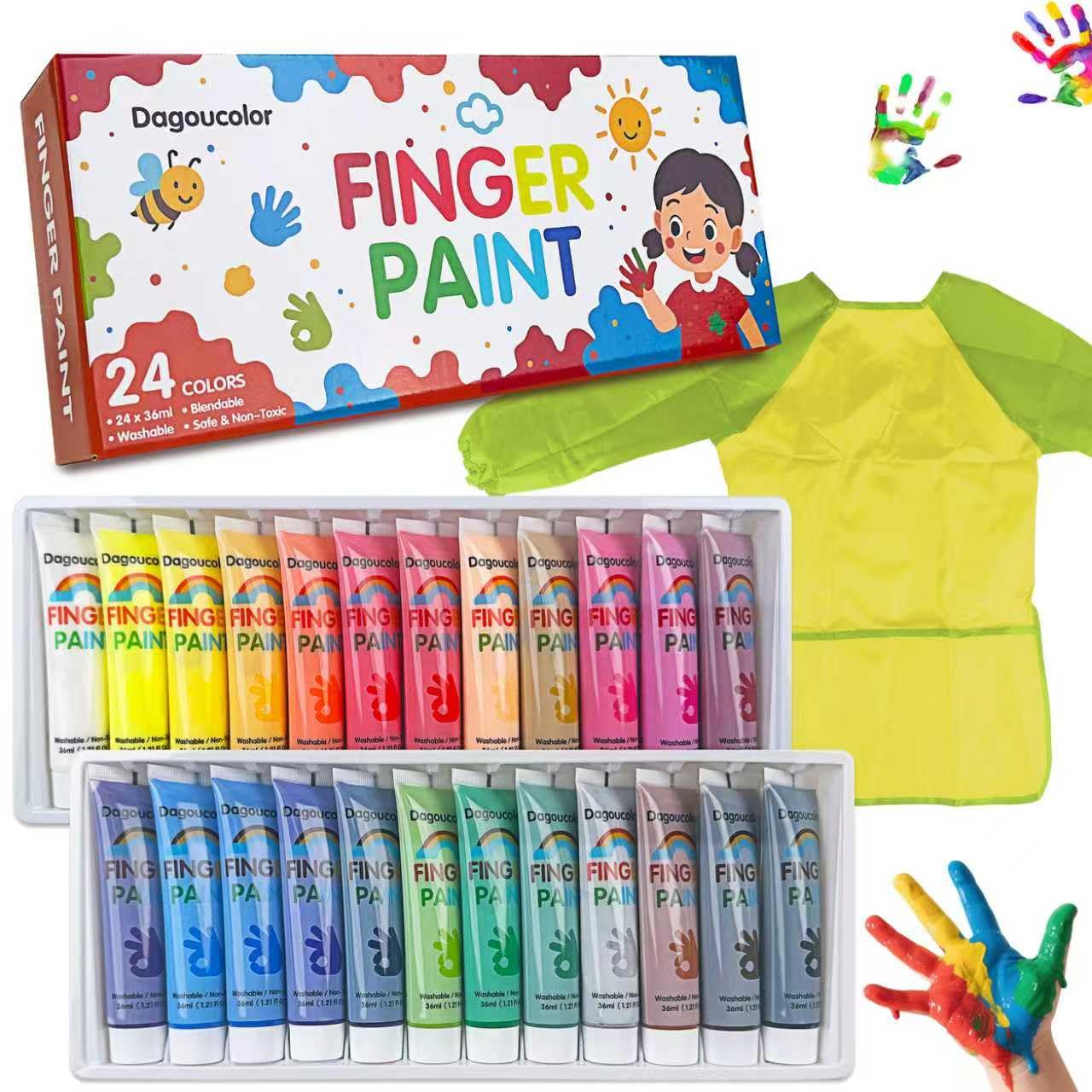 DagouColor Finger Paint Set, Washable, 24 Colors*36ml Art Painting Kits for Toddlers Kids Beginner Artists