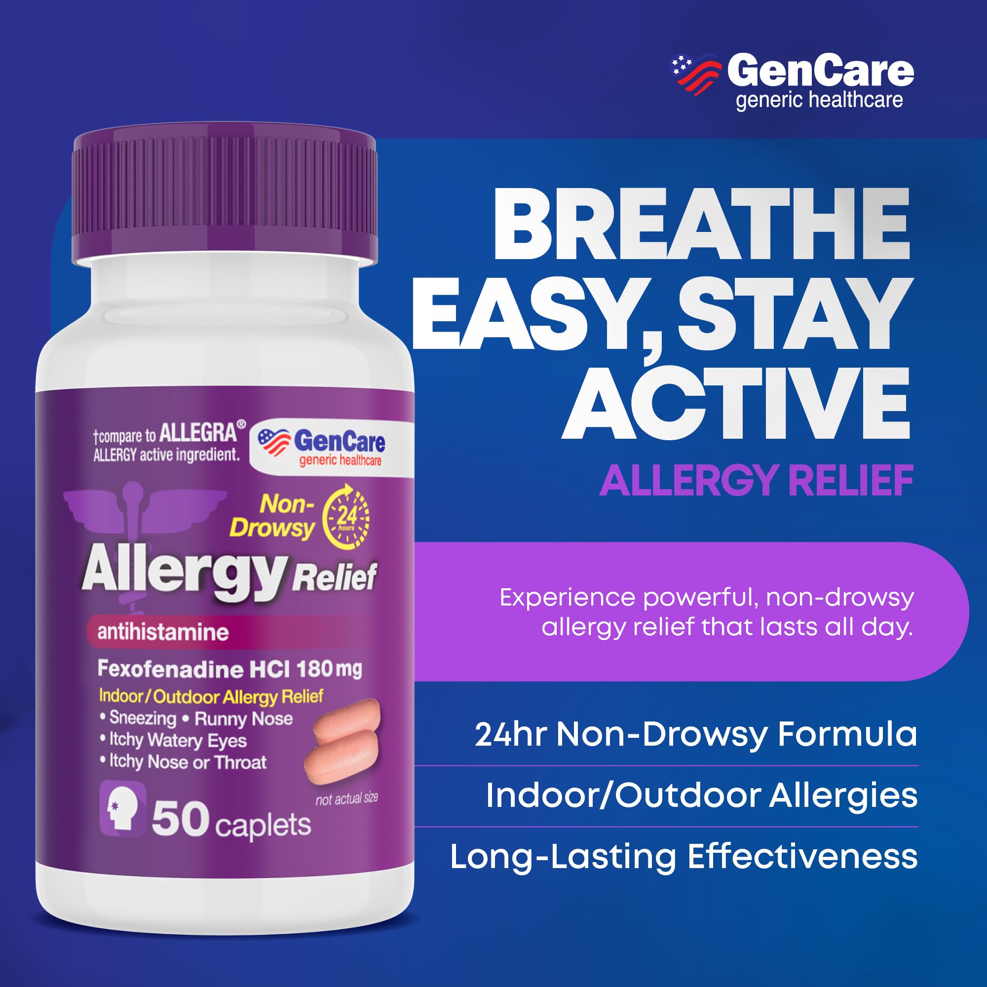 GenCare - Allergy Relief Pills | Fexofenadine HCl 180mg 50 Tablets | Non Drowsy Antihistamine Allergy Pills for Hay Fever, Seasonal Allergies, Outdoor & Indoor Allergies | Relieves Itchy Eyes & Nose