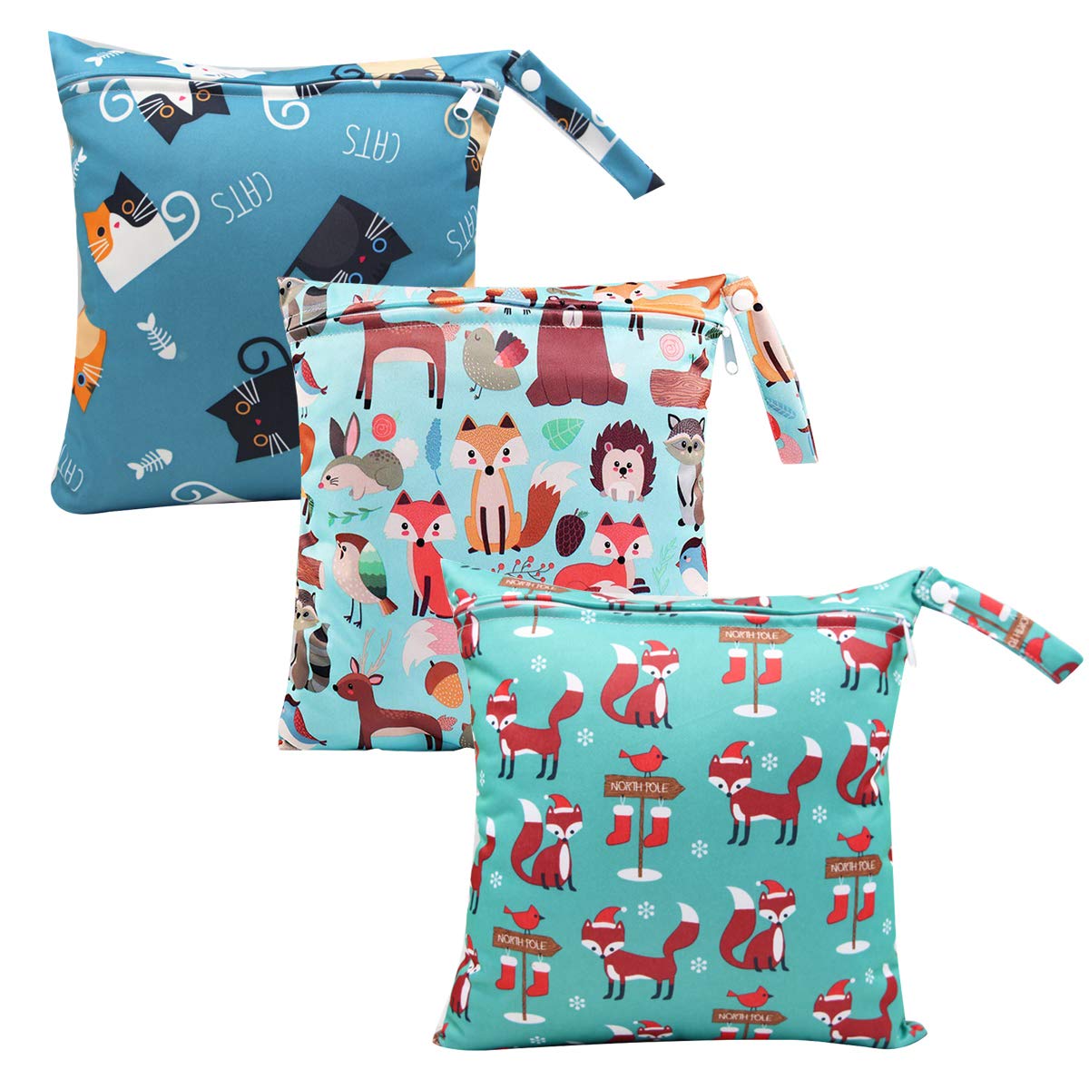 HOTLIKE Wet Bag, Dry Wet Bag, 3 PCS Nappy Bag for Cloth, Diapers Travel Bag Organiser Waterproof Reusable Produce Bags with Handle and Zipper Pocket, Wet Suit Bag for Trip Beach Daycare Gym (Blue)