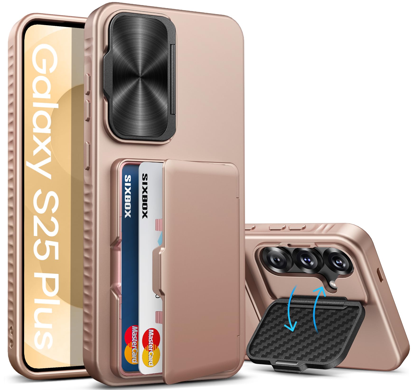 SIXBOX for Samsung Galaxy S25+ Plus Case with Card Holder & Camera Lens Cover Stand, Military Grade Drop Protection Shockproof Rugged Stand Wallet Protective Phone Case for S25+ Plus 2025, Rose Gold Image