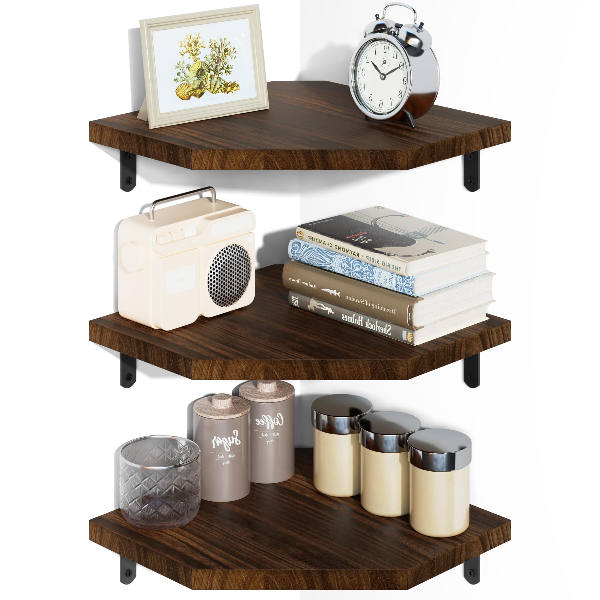 Alsonerbay Floating Corner Shelves Wood, Set of 3 Small Corner Shelf Wall Mounted Rustic Floating Wall Shelves for Bedroom Kitchen Living Room Office Bathroom Brown