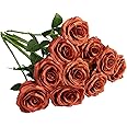 IUKnot Artificial Rose 10pcs Open Flower Bouquet Faux Rose Stems for Wedding Arrangement, Bridal Bouquet, Centerpiece, Fake Faux Silk Flowers (Burnt Orange)