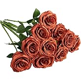 IUKnot Artificial Rose 10pcs Open Flower Bouquet Faux Rose Stems for Wedding Arrangement, Bridal Bouquet, Centerpiece, Fake Faux Silk Flowers (Burnt Orange)