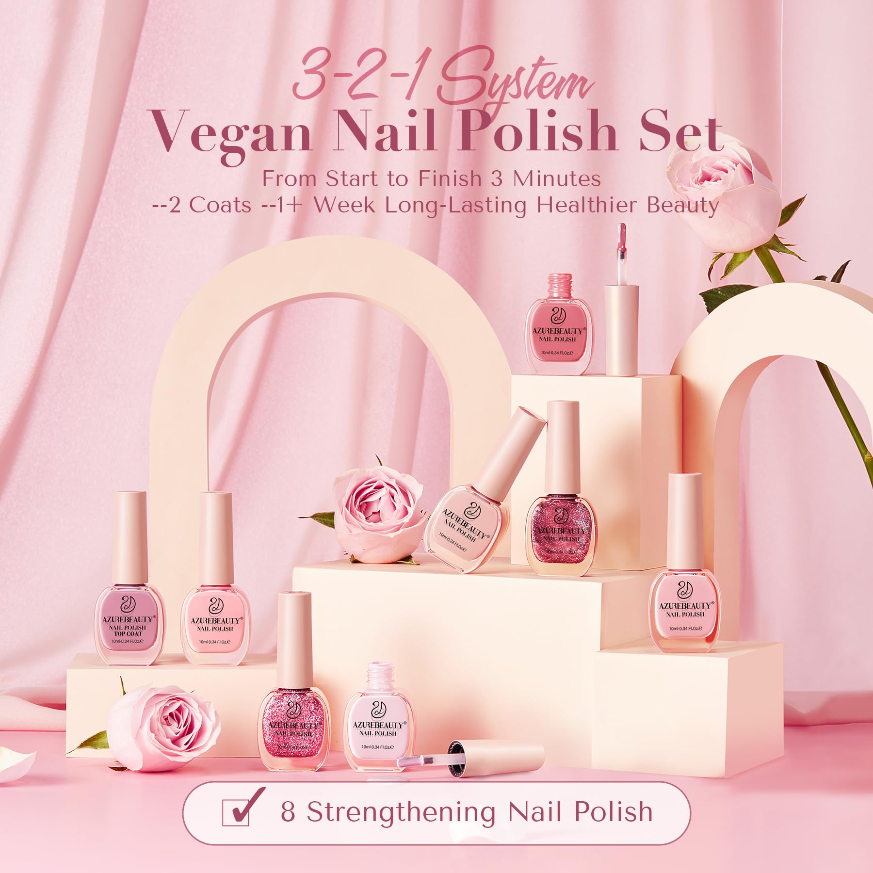 AZUREBEAUTY Vegan Nail Polish Set 8 Colors, Light Dark Pink Nude Orange Champagne Glitter Quick Dry Natural Nail Lacquer Strengthening Treatment Kit DIY Salon - Image 2