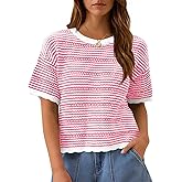 Fisoew Women's Summer Striped Cropped Knit Tops Short Sleeve Crew Neck Casual Sweater Going Out Trendy Pullover Shirts