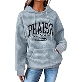 MYHALF Praise The Lord Hoodies for Women Christian Bible Verse Sweatshirt Casual Drawstring Waffle Pullover Tops with Pocket