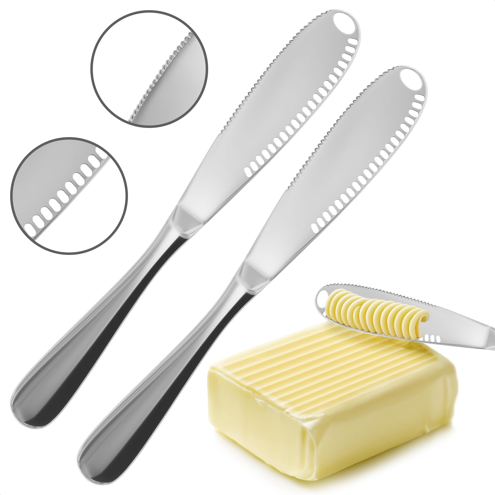 View 1 of 2 PCs Butter Knife Spreader – 3 in 1 Stainless Steel Butter Knives with Grater Blade and Holes for Spreading and Slicing – Cheese Spreader Knives with Corrosion-Resistant Finish and Easy-Grip Handle