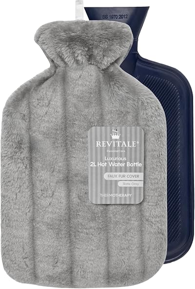 Revitale Luxury 2L Hot Water Bottle with Soft Faux Fur Cover Slate Grey