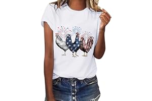 USCHARM Womens 4th of July Shirt Red White and Blue Fireworks Chicken Patriotic Tees USA Flag Rooster Independence Day Tops