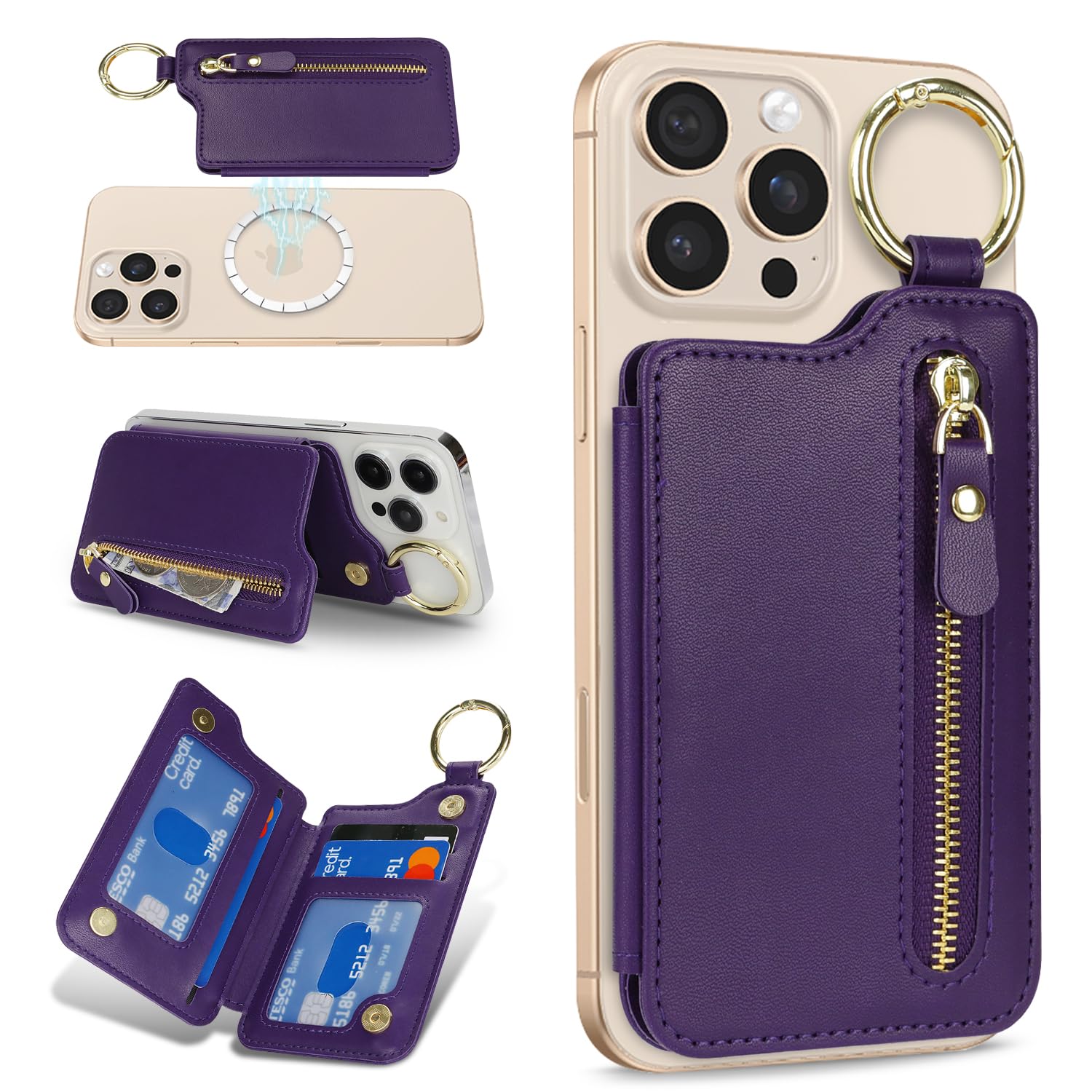 Cavor Compatible with MagSafe Wallet,Magnetic Wallet for iPhone 17/16 Pro Max/15 Pro/14 Plus/13/12 Series,Magnetic Card Holder with Adjustable Stand,Mag Safe Phone W allet Zipper-Purple