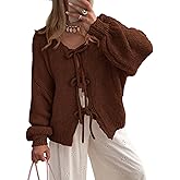 PRETTYGARDEN Women's Tie Front Bow Cardigan Sweaters Chunky Knit Long Puff Sleeve Trendy Fall Winter Jacket Coats