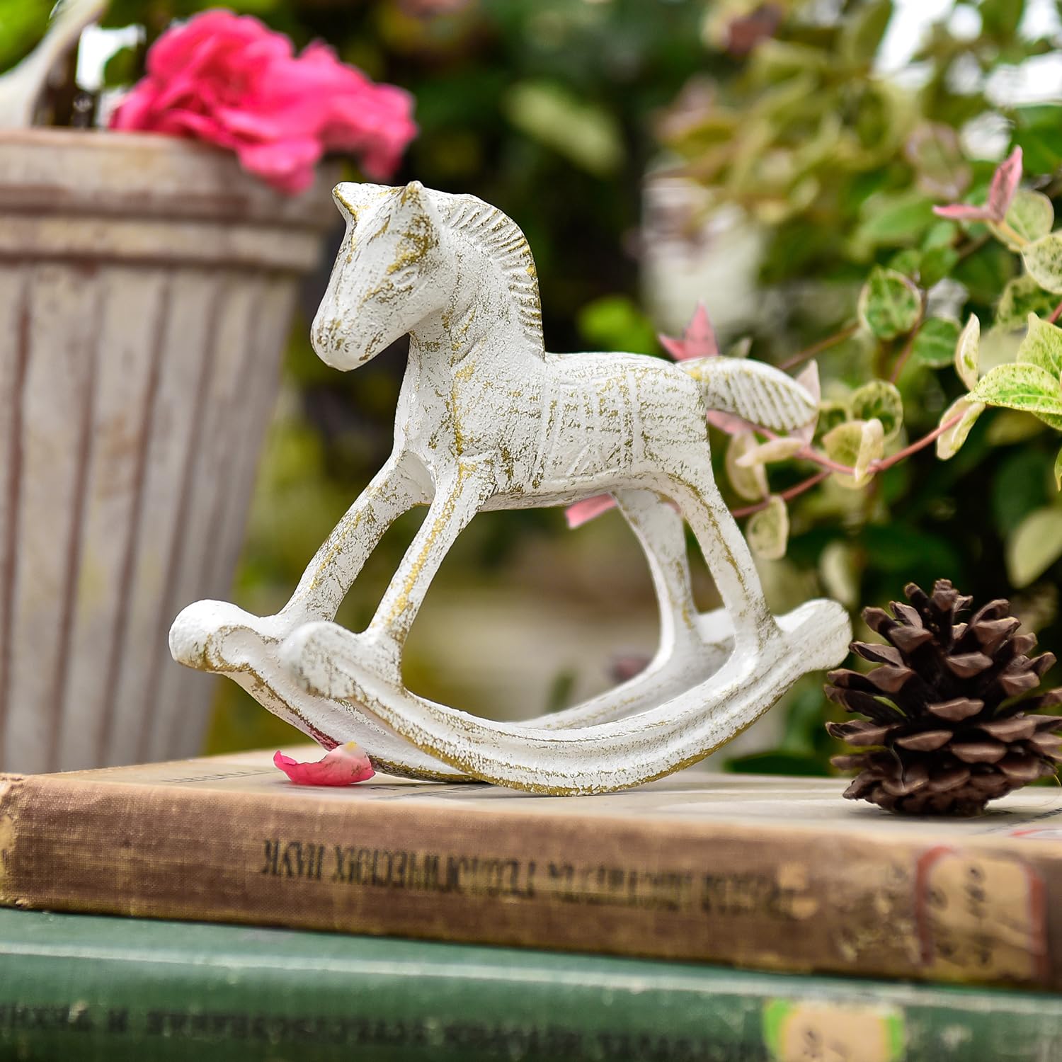 Photo 1 of Sungmor Cast Iron Rocking Horse Statue, Home Office Desk Ornament, Vintage Collectible Figurine Decorative Paperweight, Rustic White Small Horse Nostalgia Christmas Decor