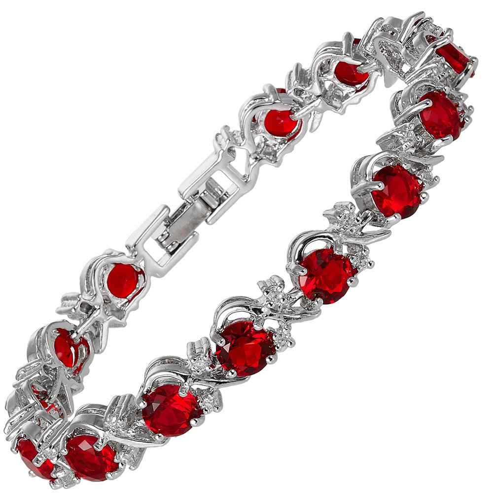 RIZILIA BLOSSOM Tennis Bracelet [18cm/7inch] with Round Cut Gemstones CZ [Red Ruby] in 18K White Gold Plated, Simple Modern Elegance