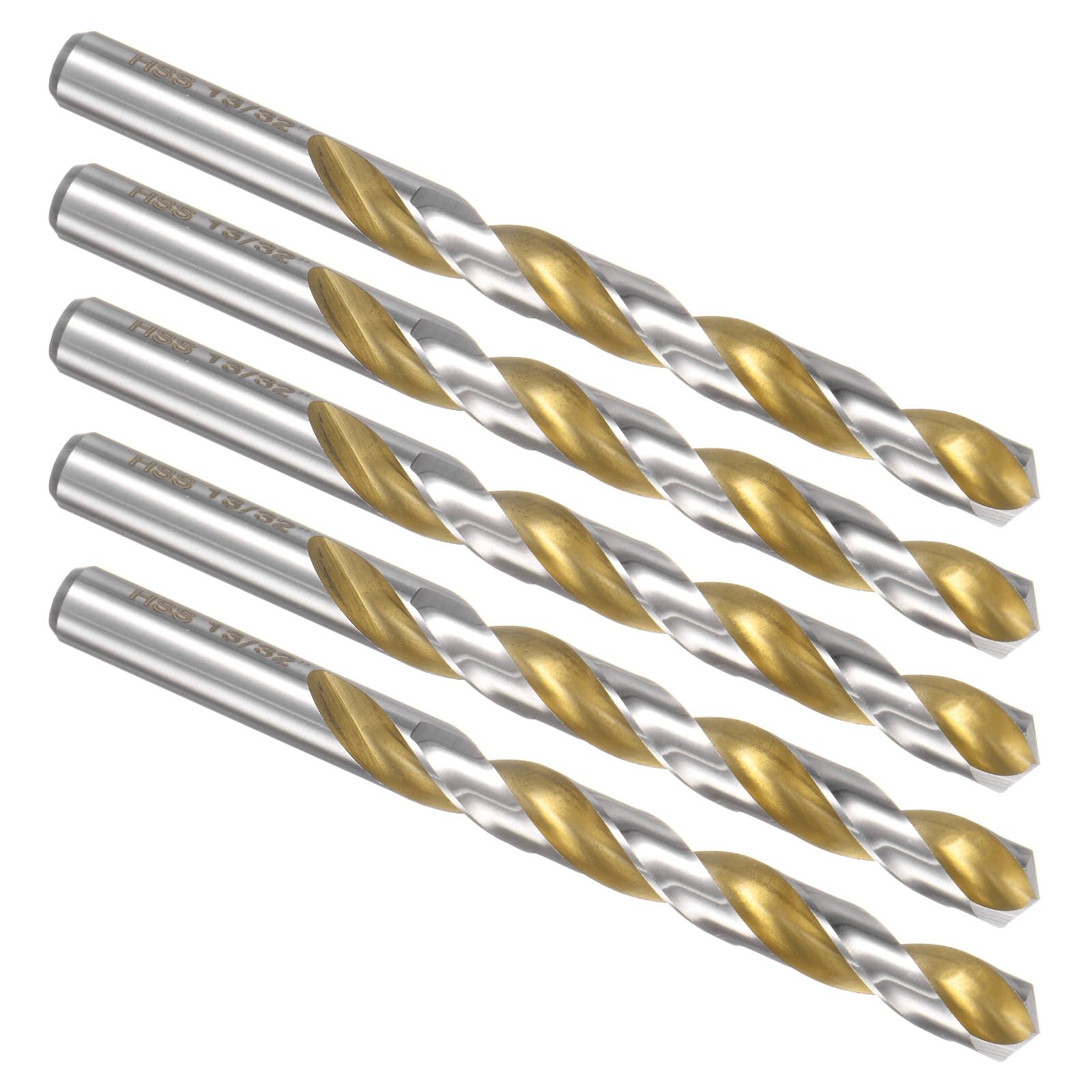 Kozelo 5Pcs Twist Drill Bit - [13/32"] Titanium Oxide Gold High-Speed Steel Round Shank Jobber Bit Set for Metal Wood Plastic Steel Use, 98mm / 3.86" Blade Length