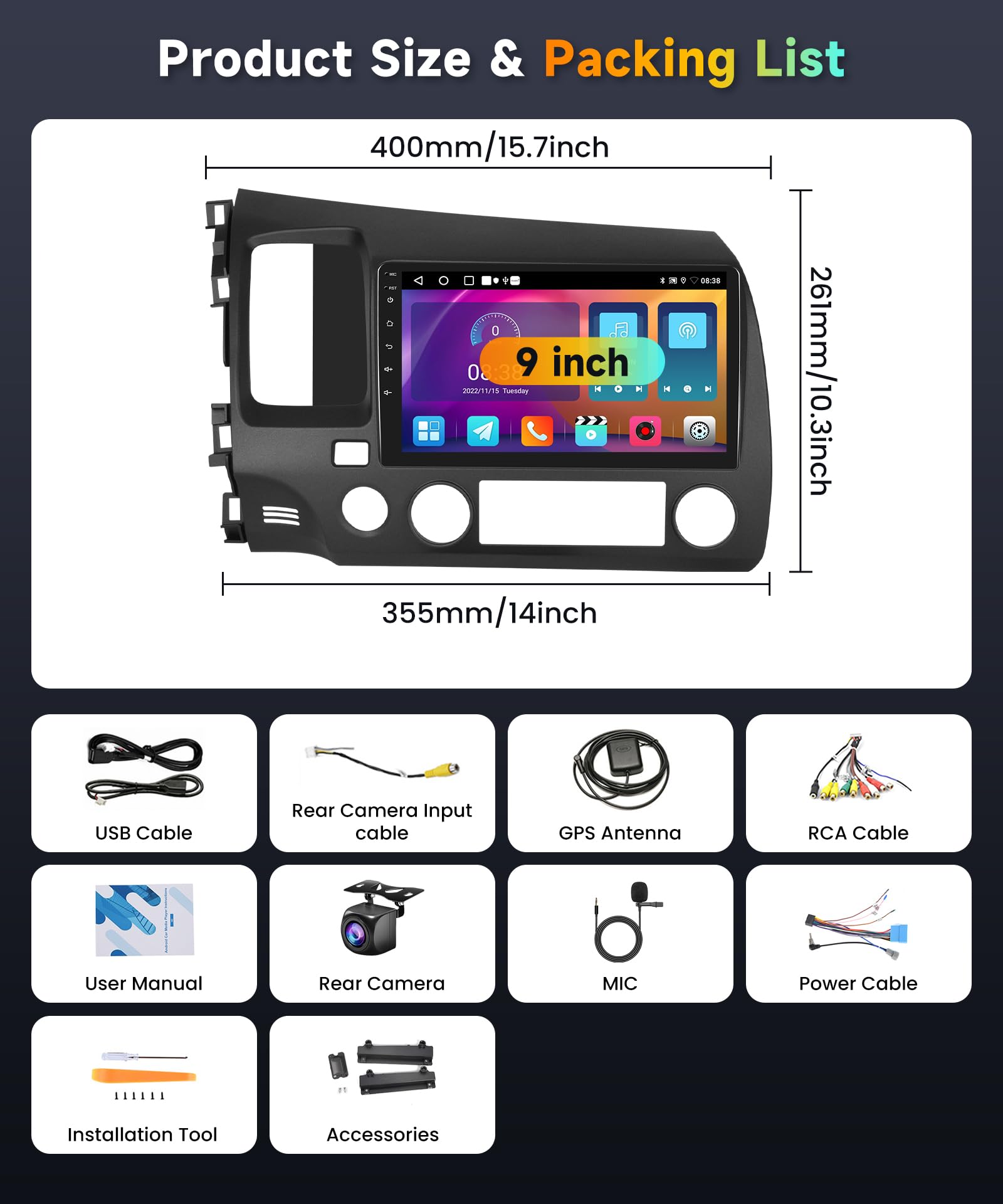 Podofo Car Stereo Radio for Honda Civic 2007 2008 2009 2010 2011 Wireless CarPlay Android Auto 9Inch 1080P Touch Screen Bluetooth FM/RDS Radio GPS Navigation WiFi EQ AHD Backup Camera 2G+32G