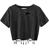 Remidoo Womens Distressed Tshirt Fringe Crop Top Ripped T Shirts Short Sleeve Vintage Acid Wash Tee