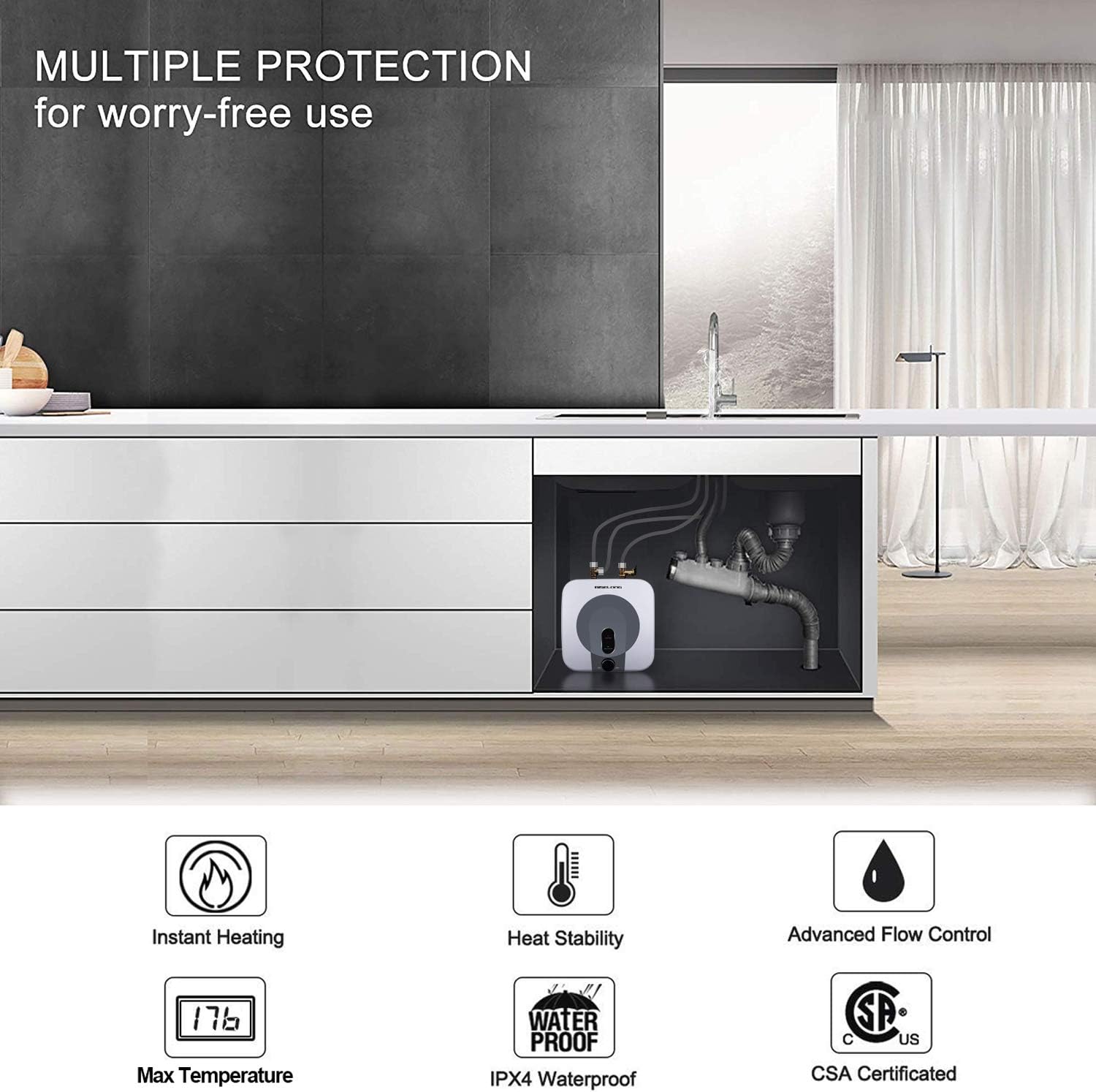110V-120V Electric Mini-Tank Hot Water Heater Storage, 1.5KW Kitchen Household Compact Size Point-of-Use, Hot Water Output of 2.5 Gallon, 2 PCs 16” Long 1/2”FIP Stainless Steel Water Hoses, GFCI Plug - - 