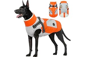 FUAMEY Dog Winter Jackets for Large Dogs,Dog Coat with Harness Built in,Waterproof Dogs Snowsuits Warm Pet Jacket Zip Up Fleece Cold Weather Coats Reflective Safety Pets Hunting Vest Orange 2XL