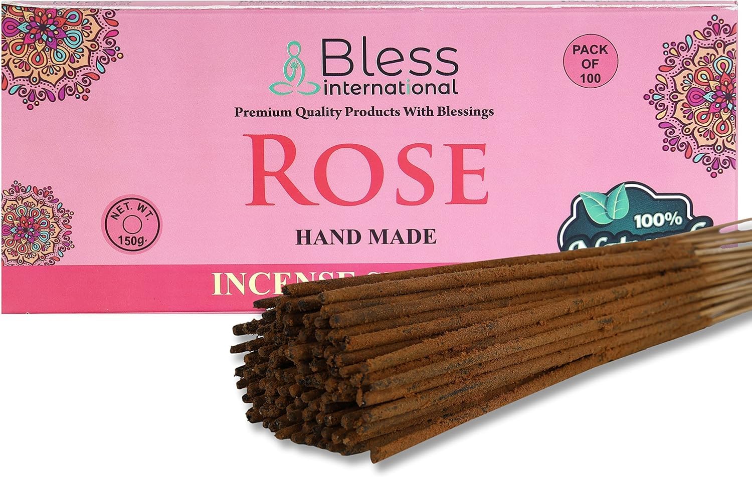 Bless-Rose-Incense-Sticks 100%-Natural-Handmade-Hand-Dipped-Incense-Sticks Organic-Chemicals-Free For-Purification-Relaxation-Positivity-Yoga-Meditation The-Best-Woods-Scent (100 Sticks (150GM))