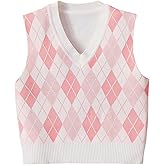 Milumia Girl's Casual Argyle Plaid Sweater Vest Round Neck Sleeveless Crop Top Pink and White 10Y