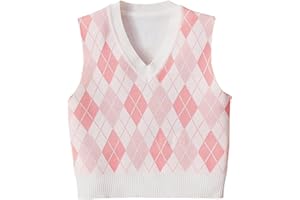 OYOANGLE Girl's Argyle Plaid V Neck Sweater Vest Sleeveless Preppy Casual Pullover Knitted Tank Tops