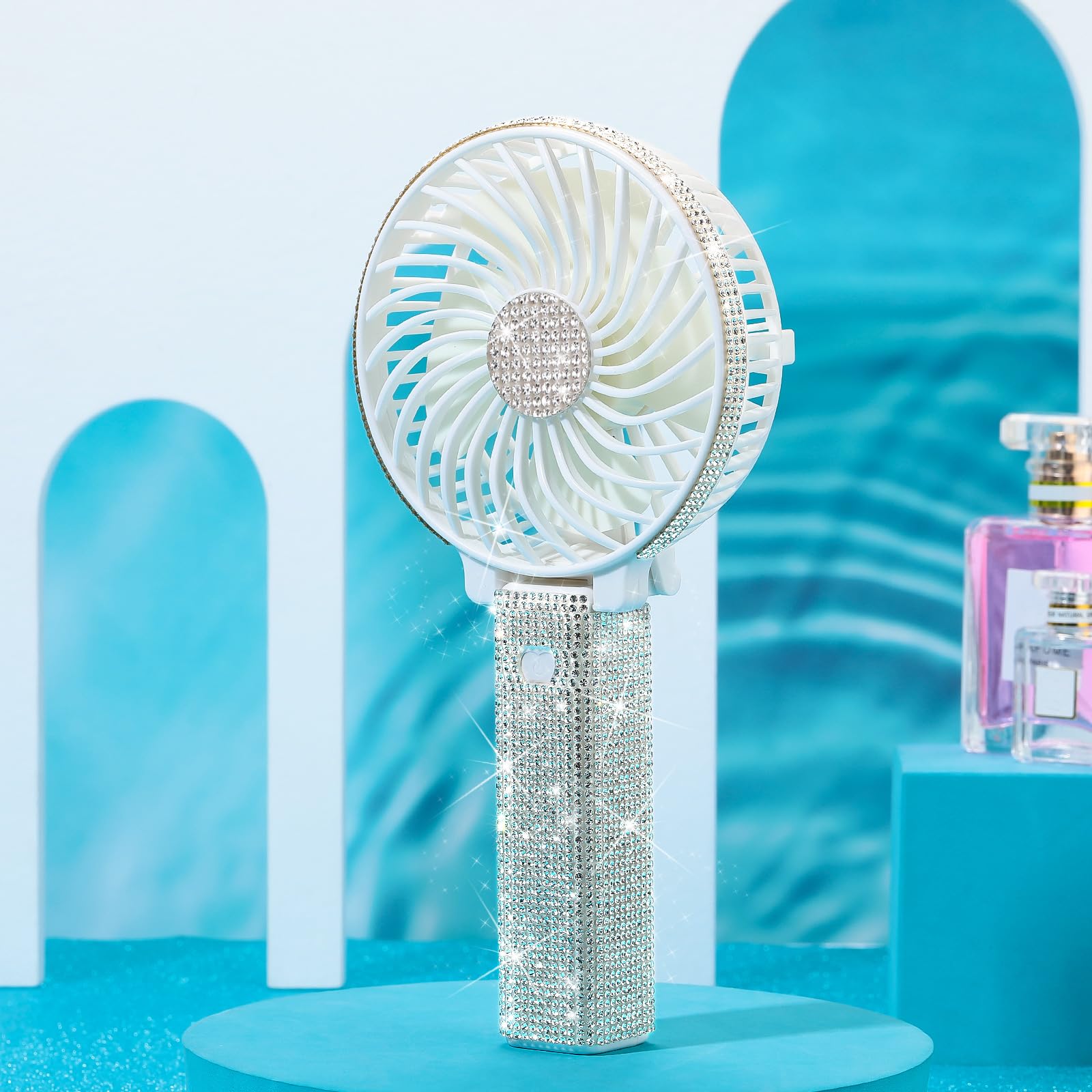 Mudder Rhinestone Handheld Fan Crystal Bling Mini Personal Fan Glitter Bedazzled Portable USB Rechargeable & Battery Operated for Girls Women Outdoor Travel Indoor Makeup Office(White,Foldable)