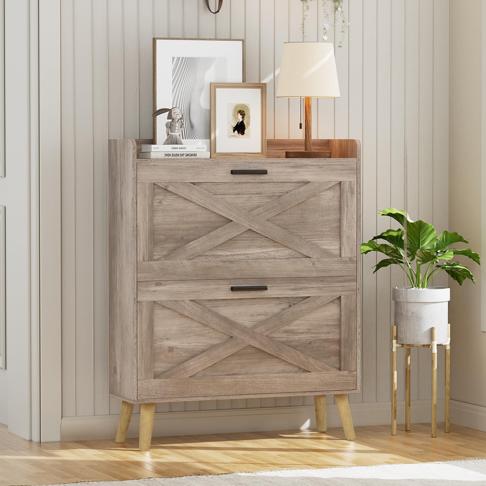 Homleke 32" W Farmhouse Shoe Storage Cabinet with 2 Flip Drawers and Barn Door Design, Adjustable Shelves, Modern Hidden Slim Narrow Shoe Rack Cabinet for Entryway, Foyer, Hallway, Living Room, Greige