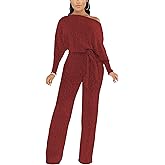 DinyIn Burgundy Sparkly Jumpsuits for Women Elegant Sequin Long Sleeve Pants Elegant Off Shoulder Party Romper with Belt