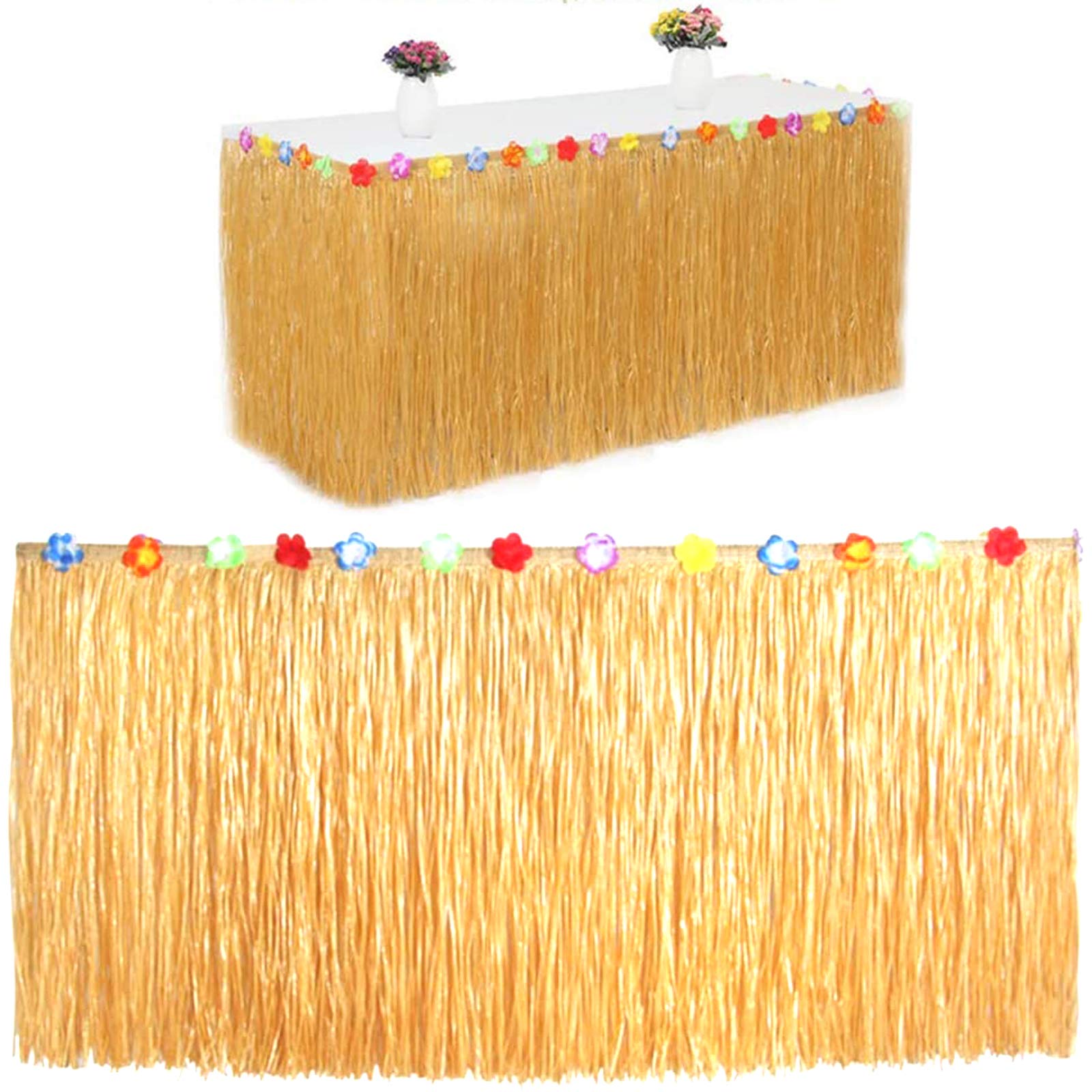 MNBHJK Hawaiian Luau Hawaii Table Skirts Hawaiian Table Skirt Hibiscus Grass Hawaiian Summer Garden Barbecue Tropical Beach Luau Party Decoration (276 x 30 cm)