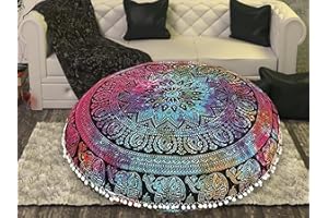 MY DREAM CARTS 32" Multi Elephant Mandala Floor Pillow Meditation Bohemian Cushion Seating Throw Hippie Decorative Boho Indian Large Ottoman Outdoor Home Decor Cases Round Sham Cotton Animal Pouf (Cover Only)