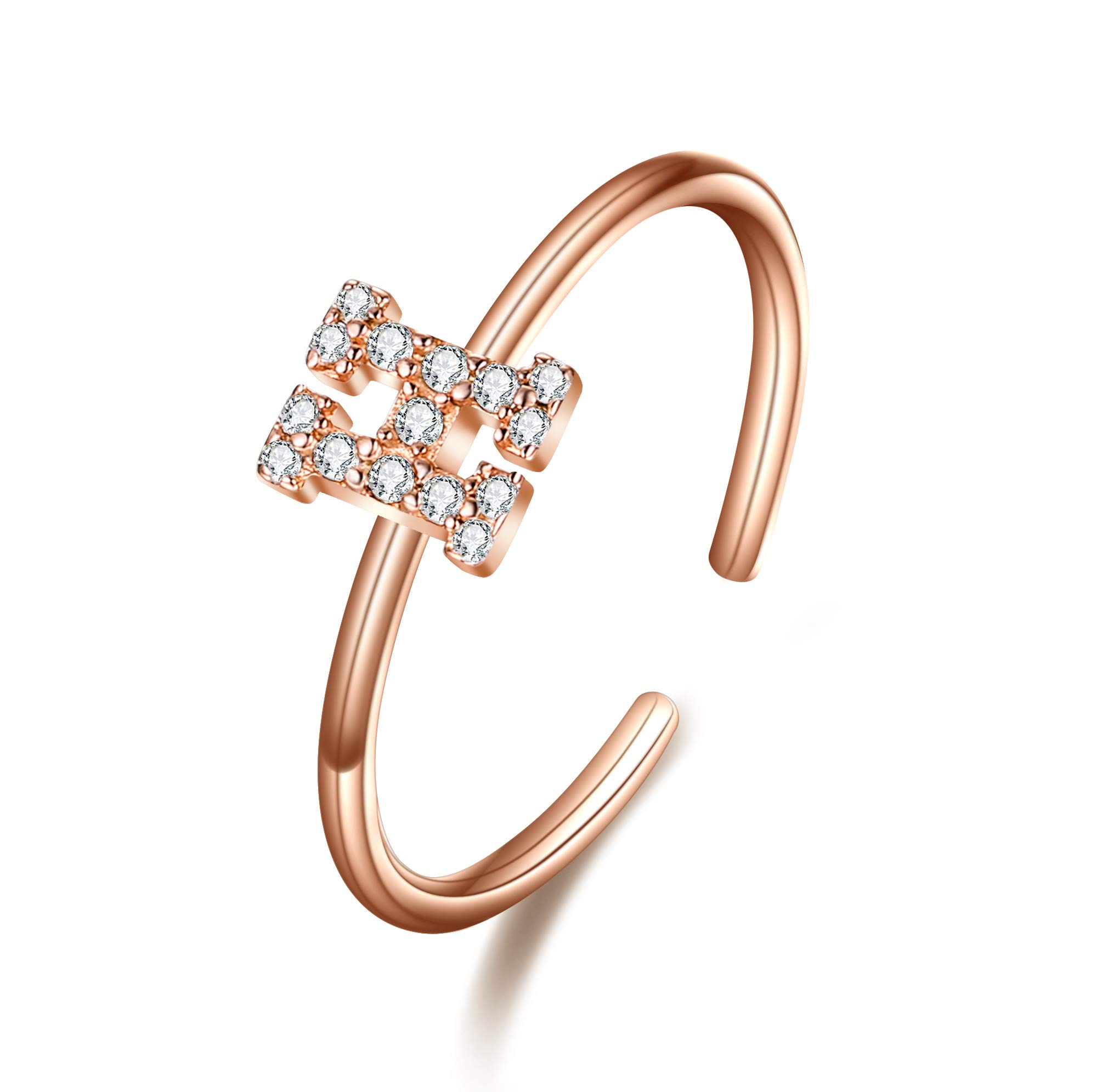 Clearine Women's 925 Sterling Silver Zircon Capital Letter H Ring in 14K Rose-Gold-Toned