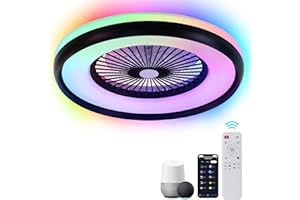 HUMHOLD 24" Bladeless Ceiling Fan with RGB Light Remote, Smart LED Ceiling Fans with Voice/App Control, Modern Low Profile Dimmable Light Ceiling Fan for Bedroom Living Room Black