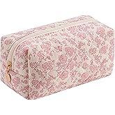 HHQQWZ Cute Square Floral Cotton Makeup Cosmetic Bag for Women Girls, Travel Quilted Zipper Make Up Bag, Square Flowers Organizer Case Kawaii Makeup Cosmetic Travel Cloth Pouch (Pink Floral)